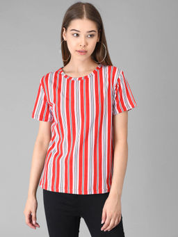 KOTTY - Women Red Half Sleeves Round Neck Stripes T-Shirt