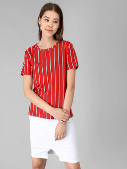 KOTTY - Women Red Half Sleeves Round Neck Stripes T-Shirt
