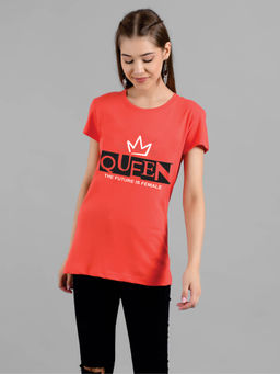 KOTTY - Women Red Half Sleeves Round Neck Printed T-Shirt