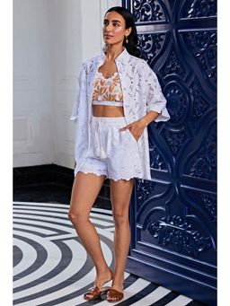 Kay Kay BY KKHUSHI SAHAII - Schiffli Off White Embroidered Shirt and Shorts with Bralette