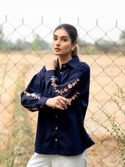 Rasra Mai - Navy Blue Navyaa Hand-Embroidered Shirt
