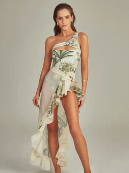 Loveable Creations By Muskan - Palm Whisper Multi-Colour Printed Swimsuit with Wrap Skirt