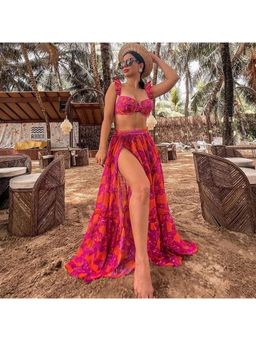 Loveable Creations By Muskan - Georgia Pink Printed Bikini Top with Bikini Bottom and Skirt
