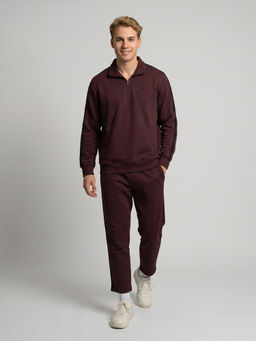 Monte Carlo - Wine Regular Fit Full Sleeve Collared Solid Jacket with Track Pant