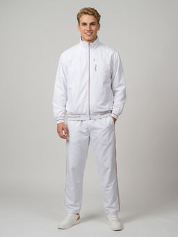 Monte Carlo - White Regular Fit Full Sleeve Collared Solid Jacket with Track Pant