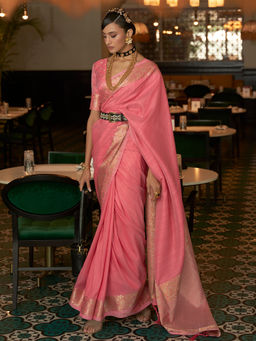 Odette - Festive Pink Silk Blend Woven Saree with Unstitched Blouse