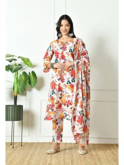 Laado - Pure Cotton White Floral Kurta with Pant & Dupatta (Set of 3)