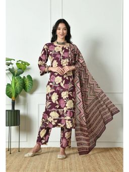 Laado - Pure Cotton Wine Floral Kurta with Pant & Dupatta (Set of 3)
