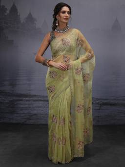 Libas - Green Floral Stone Work Embroidered Saree With Embellished Border