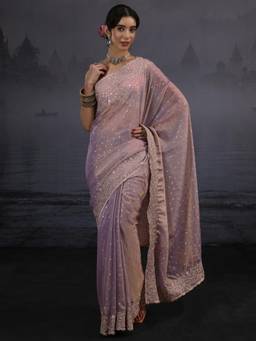 Libas - Lavender Woven Design Saree With Floral Embroidered Border