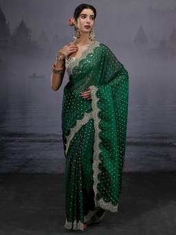 Libas - Green Woven Design Saree With Embroidered Border