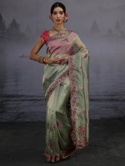 Libas - Green Floral Embroidered Saree