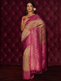 Libas - Beige Ethnic Motif Woven Design Saree