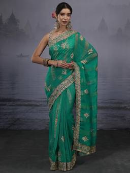Libas - Green Self Design Embroidered Saree With Embroidered Border
