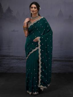 Libas - Green Floral Zari Embroidered Saree