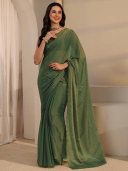 Libas - Green Solid Saree With Embellished Border