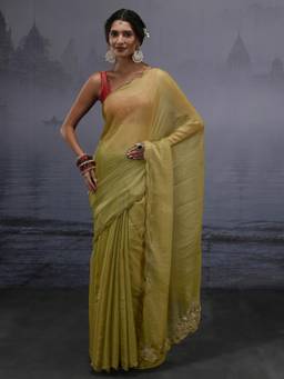 Libas - Green Solid Saree With Embellished Border