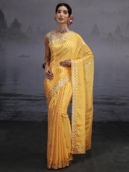 Libas - Mustard Printed Floral Embroidered Saree With Embroidered Border