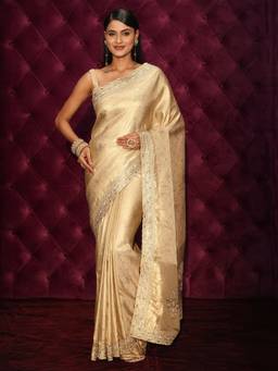 Libas Art - Gold Floral Sequins Stone Work Zari Embroidered Saree