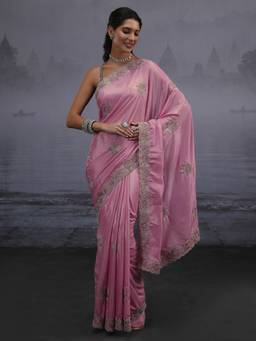 Libas - Pink Floral Zari Stone Work Embroidered Saree