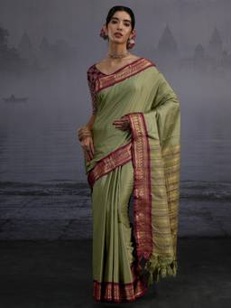 Libas - Green Solid Saree With Woven Design Border