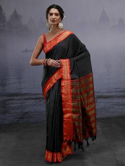 Libas - Black Solid Saree With Woven Design Border