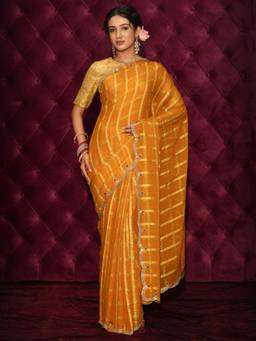 Libas - Mustard Check Printed Saree With Embellished Border
