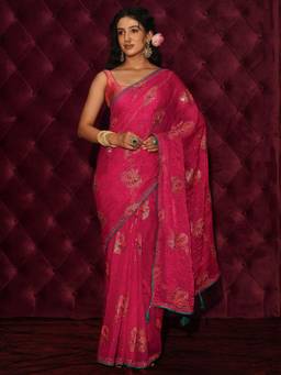 Libas - Pink Elephant Motif Stone Work Printed Saree With Embellished Border