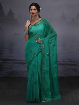 Libas - Sea Green Floral Sequin Embellished Tissue Saree