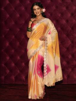 Libas - Cream Bandhani Printed Satin Saree
