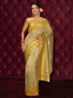 Libas - Green Floral Embroidered Tissue Saree