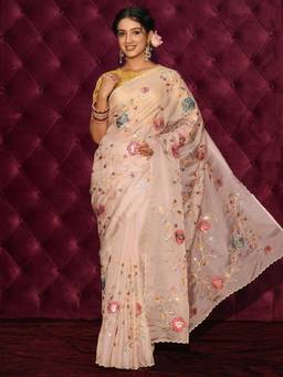 Libas - Light Taupe Floral Embroidered Tissue Saree