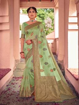 Odette - Green Colour Soft Cotton Saree with Unstitched Blouse