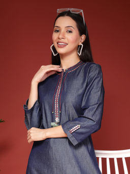 Nayam by lakshita - Solid Embroidered Straight Denim Kurta for Women