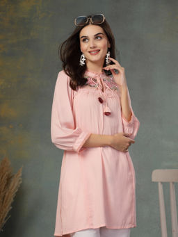 Nayam by lakshita - Peach Solid A-Line Rayon Embroidered Kurti