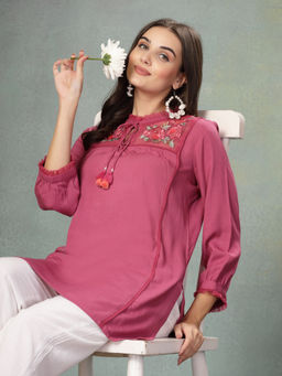 Nayam by lakshita - Pink Solid A-Line Rayon Embroidered Kurti