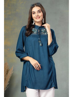 Nayam by lakshita - Teal Solid A-Line Rayon Embroidered Kurti
