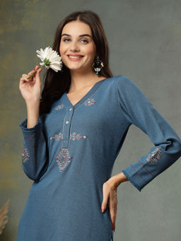 Nayam by lakshita - Denim Blue Wool Straight Full Sleeves Kurta