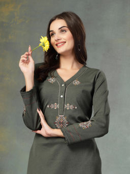 Nayam by lakshita - Denim Green Wool Straight Full Sleeves Kurta
