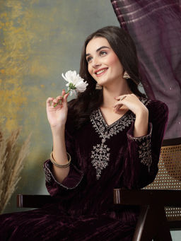 Nayam by lakshita - Solid Embroidered Velvet Kurta with Trouser and Dupatta (Set of 3)
