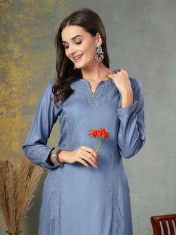 Nayam by lakshita - Solid Embroidered Rayon A-Line Kurta with Trouser (Set of 2)