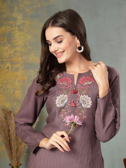 Nayam by lakshita - Floral Embroidered Rayon Straight Kurta with Trouser (Set of 2)