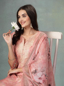 Nayam by lakshita - Abstract Printed Straight Chanderi Kurta with Trouser and Dupatta (Set of 3)