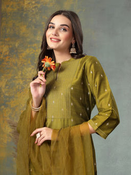 Nayam by lakshita - Solid Embroidered Straight Silk Kurta with Trouser and Dupatta (Set of 3)