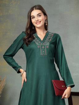 Nayam by lakshita - Solid Embroidered Rayon Straight Kurta with Trouser (Set of 2)