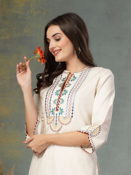 Nayam by lakshita - Solid Embroidered Cotton A-Line Kurta with Trouser (Set of 2)