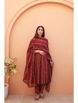 Gulabo Jaipur - Bagru Maroon Anarkali Kurta with Pant and Dupatta