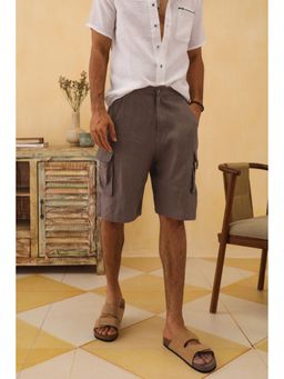 PRIMAL GRAY - Taupe Linen Solid Mid Waist Cargo Shorts