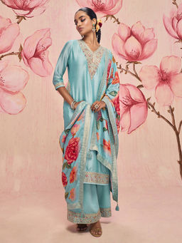 Libas - Women Blue Floral Embroidered Kurta with Palazzo and Dupatta