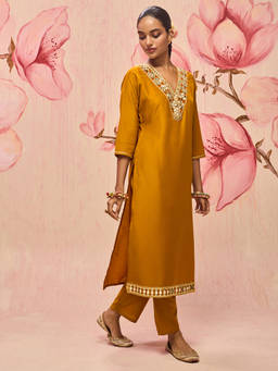 Libas - Mustard Mirror Work Yoke Design Straight Kurta with Pant & Dupatta